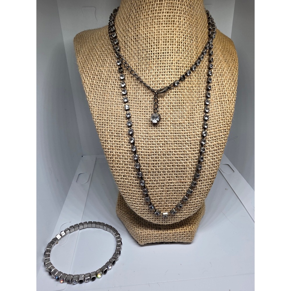 Rhinestone Jewelry Set Necklace Bracelet Silver Tone Party Cocktail